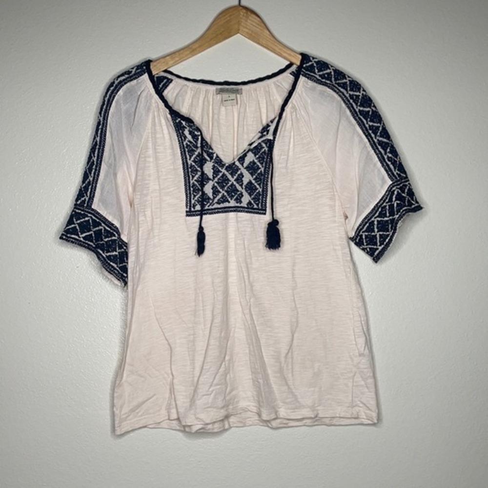 Lucky Brand Embroidered Blouse Tie Front sz‎ Small